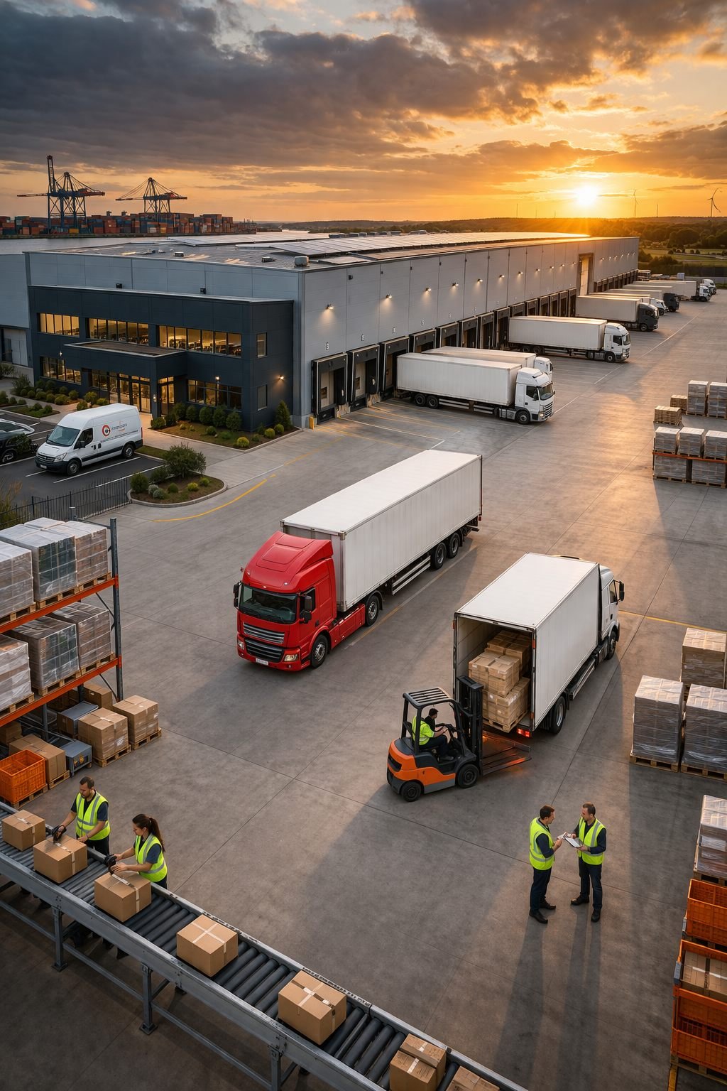 Distribution centre with vehicles being loaded