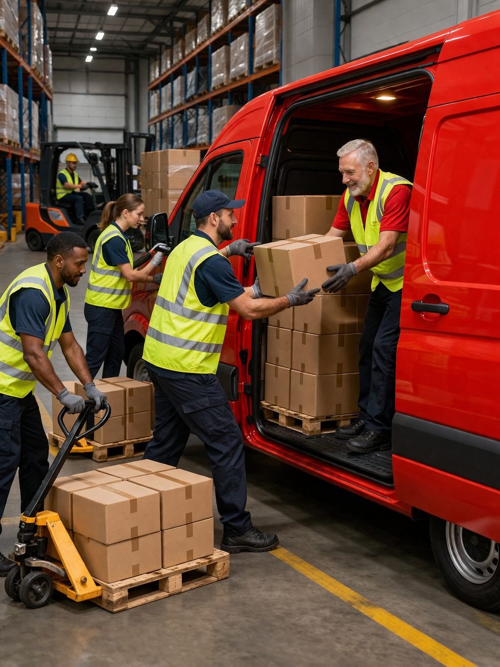 A van being loaded in a warehouse